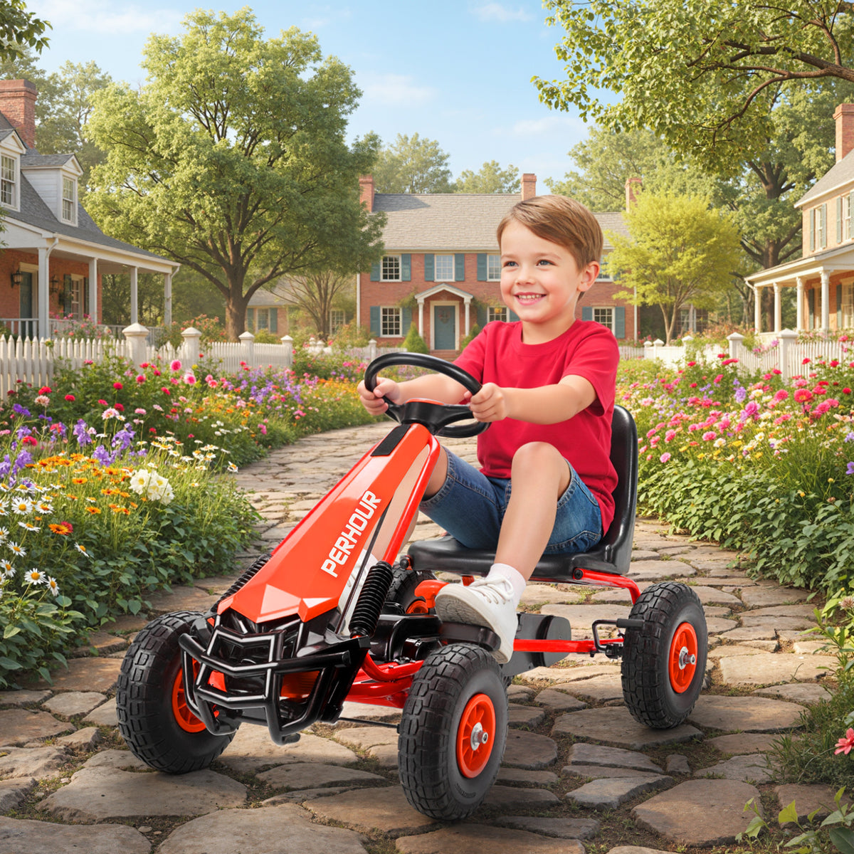 AIYAPLAY Kids Pedal Go-Kart | Red or Blue | 110x61x62cm | Ø25cm EVA Wheels | Adjustable Seat 30cm | 5cm Adjustment | Manual Brake & Clutch | Steel Frame | 30kg Max | Age 3-8 | Height 105-125cm | EN71