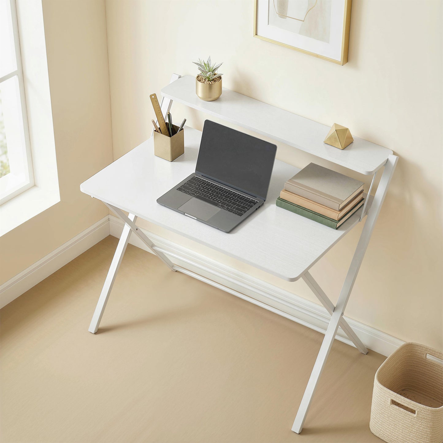Folding Desk with Upper Shelf | X-Frame | Melamine Coated | 86x66x82cm | 20kg | Curved Corners | Easy Assembly | White