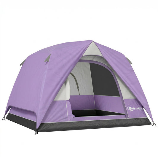 3-4 Person Dome Camping Tent | Sewn-In PE Groundsheet | 3000mm Waterproof | 3-Sided Mesh Windows | Ceiling Hook | Windproof Level 6 | Carrying Bag | 2x2x1.35m | Purple & Grey