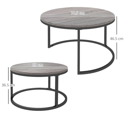 Industrial Nesting Coffee Table Set of 2, Round Coffee Tables, Living Room Table with Wood Effect Top and Steel Frame