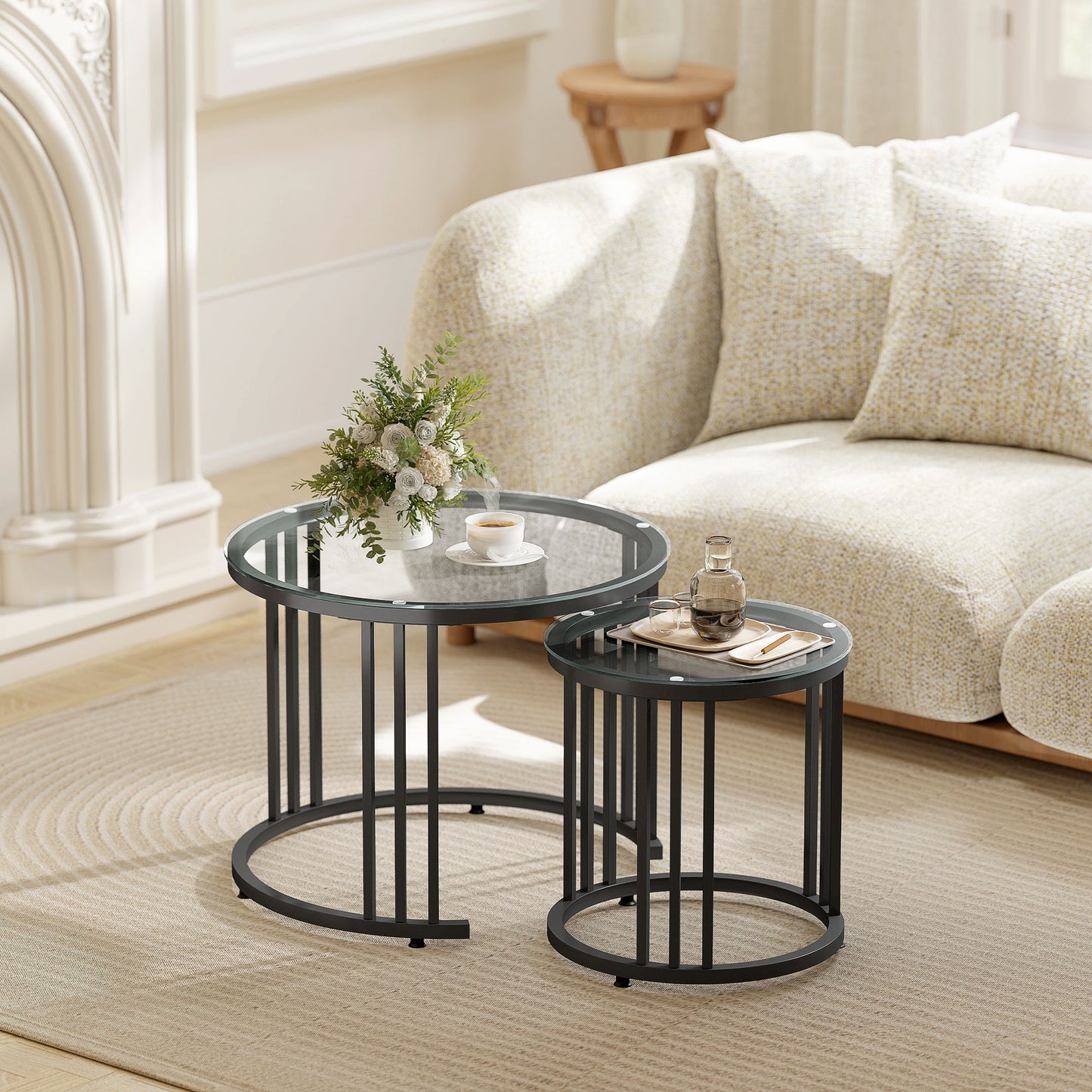 Round Coffee Tables Set of 2, Nesting Tables with Tempered Glass Top and Steel Frame, Black