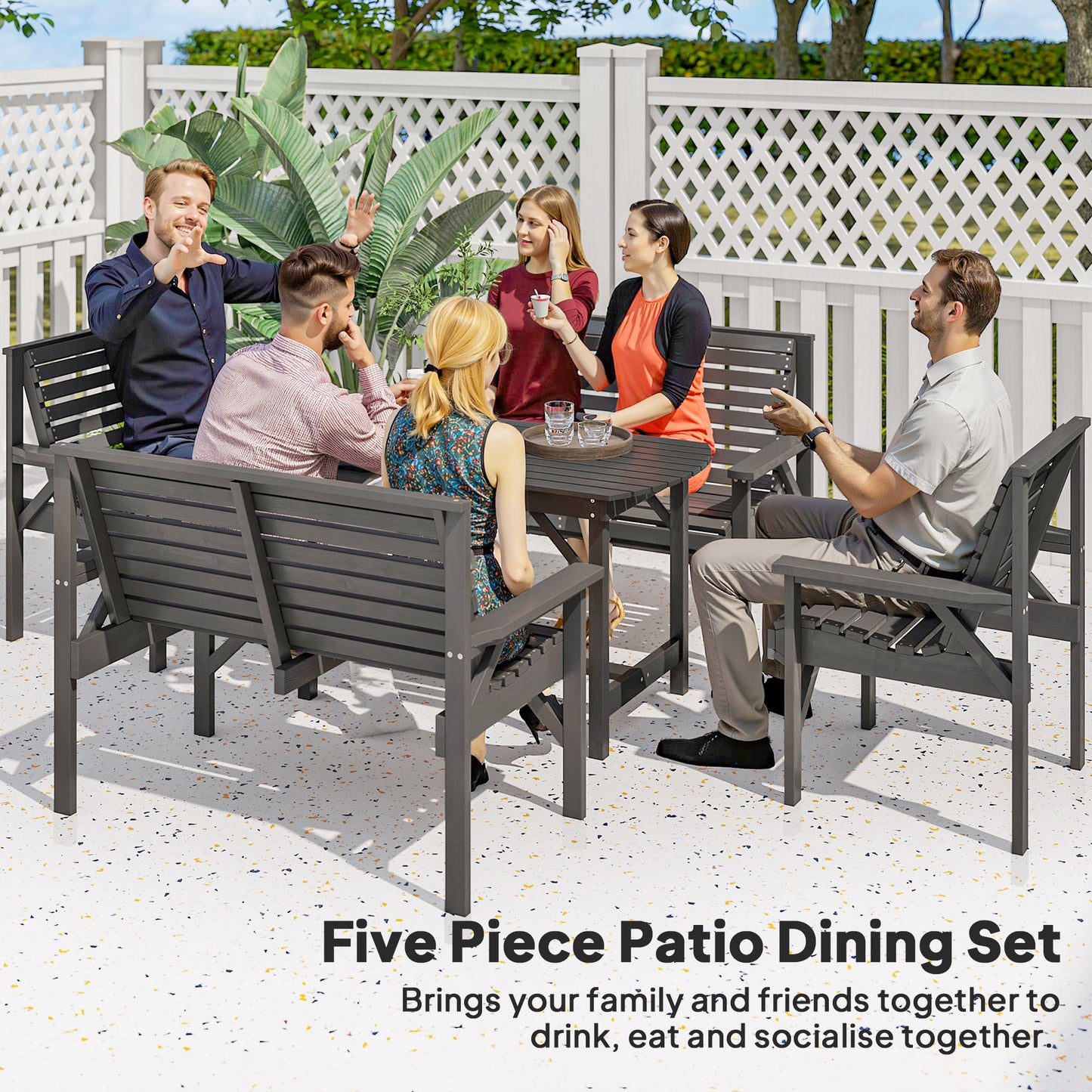 5 Piece Wooden Garden Dining Set for 6, Outdoor Conversation Set with 2 Armchairs, 2 Loveseats and Dining Table with Umbrella Hole for Patio, Balcony, Grey