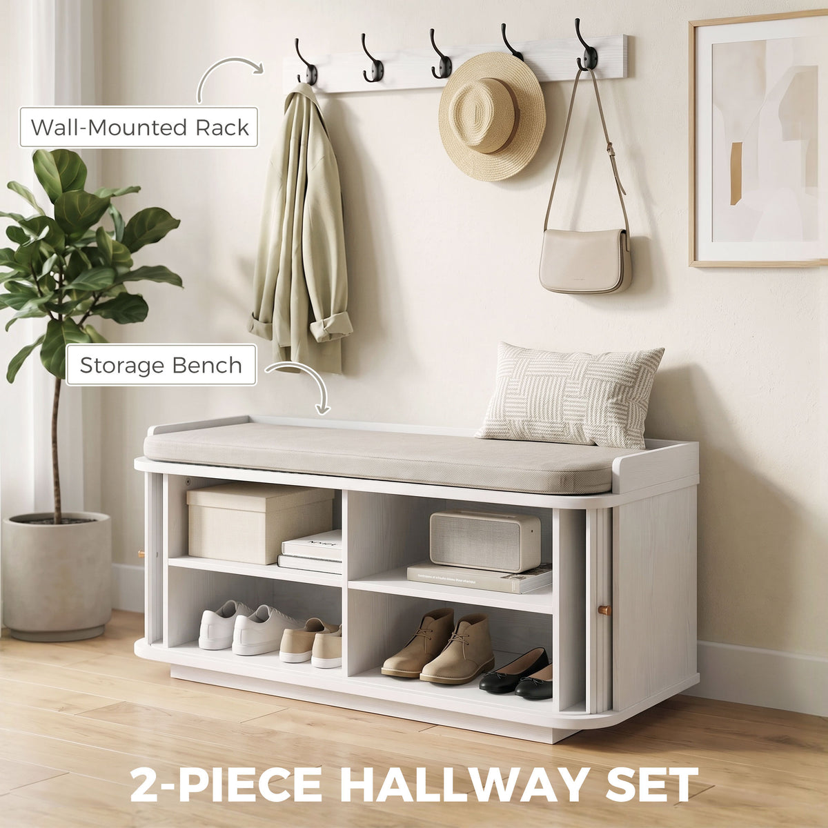 2-Piece Hallway Set | Shoe Bench 100x40x47.5cm 140kg Seat | Tambour Door | 2 Adjustable Shelves | Wall Coat Rack 80cm | 5 Alloy Hooks 10kg | 2 Wall Anchors | MDF | Entryway | White