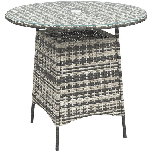 Outsunny Wicker Garden Rattan Table, Patio Furniture Outdoor Coffee Table with Umbrella Hole and Tempered Glass Top, Grey / Brown