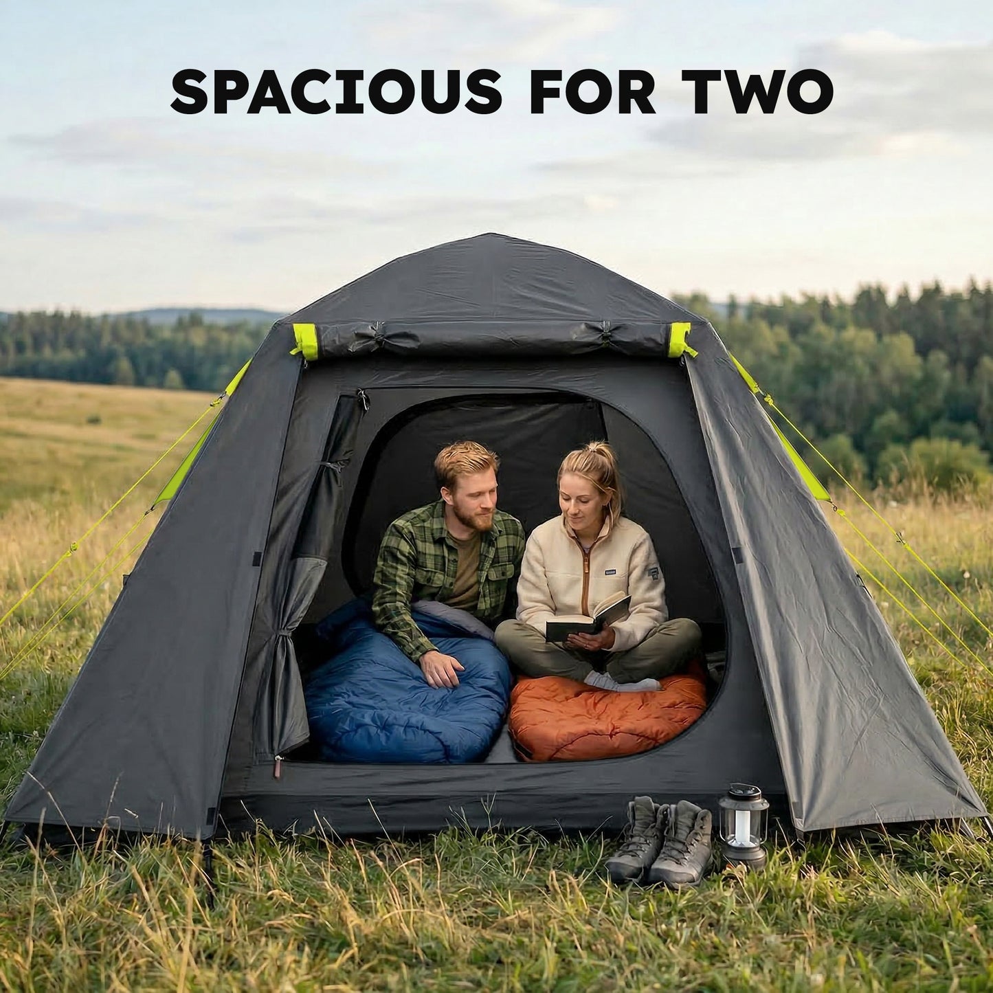 2-Person Camping Tent | 3000mm Waterproof | 190T Polyester | 2 Doors & 2 Windows | Fibreglass Poles | Grey & Green