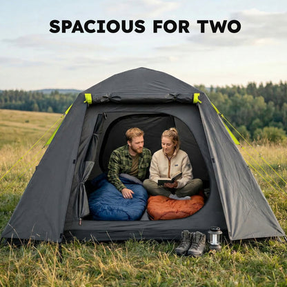 2-Person Camping Tent | 3000mm Waterproof | 190T Polyester | 2 Doors & 2 Windows | Fibreglass Poles | Grey & Green