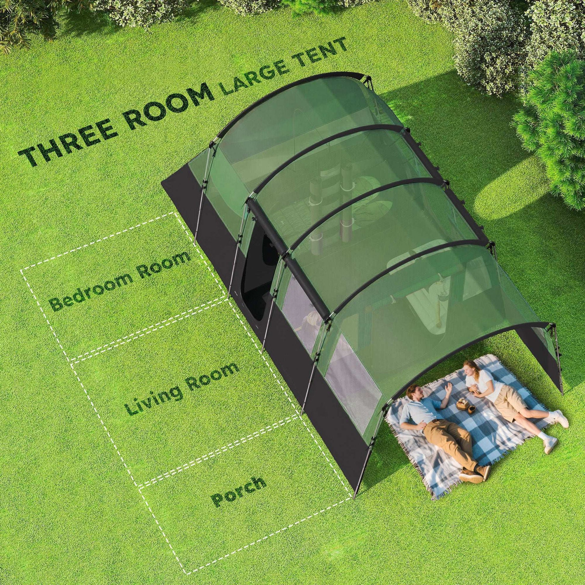 8-Person Camping Tent, Waterproof Family Tent, Tunnel Design, 4 Large Windows, Sleeping Cabins 3000mm Water Column Green - Blue