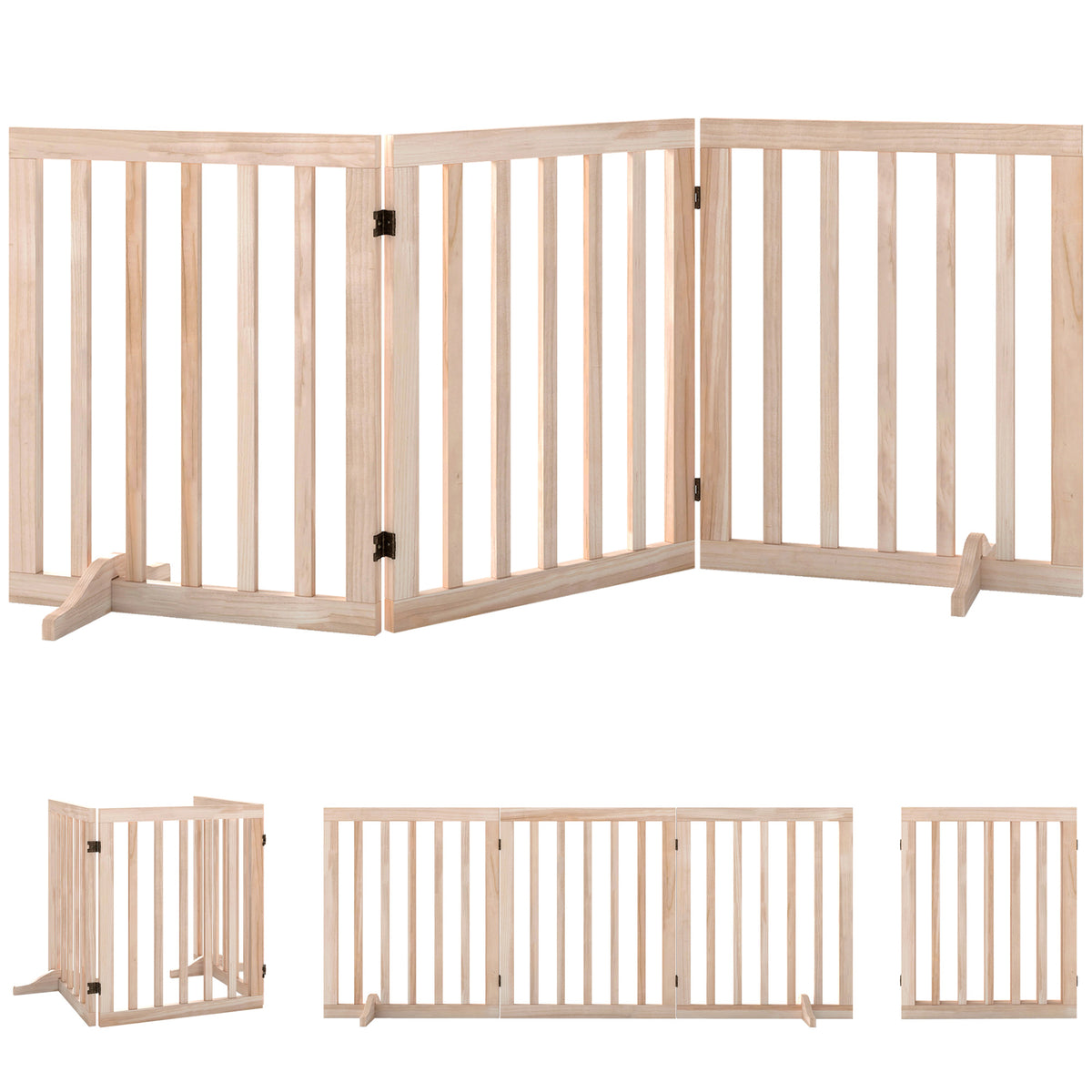 3-Panel Freestanding Wooden Dog Gate | Adjusts 30–140cm | 360° Hinges | Solid Pine Wood | No Drill | Support Feet | 47mm Bar Gap | Small Dogs Under 10kg | Natural Wood Finish | 150x36x61cm | No Assembly