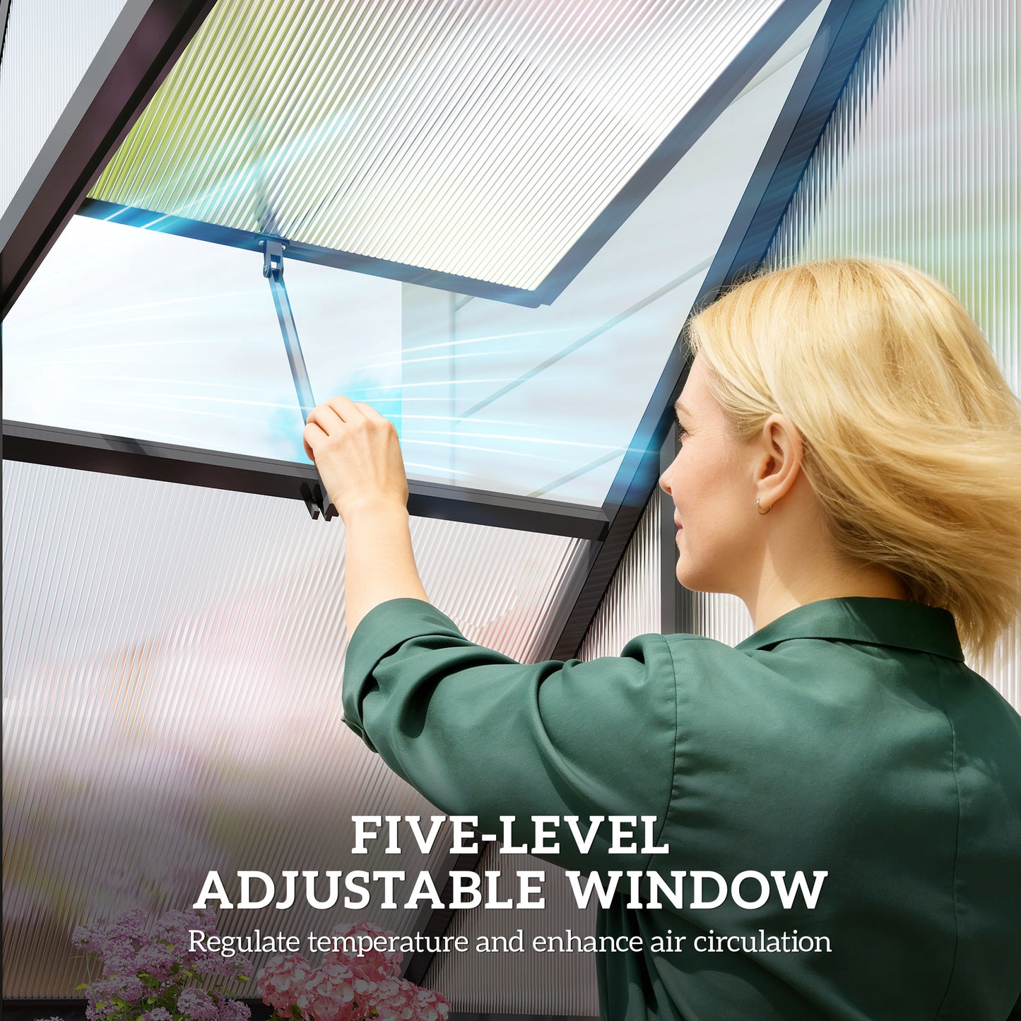 Outsunny Polycarbonate Greenhouse with Swing Door and Adjustable Window, Walk-in Greenhouse, 5.5 x 6.5ft, Black
