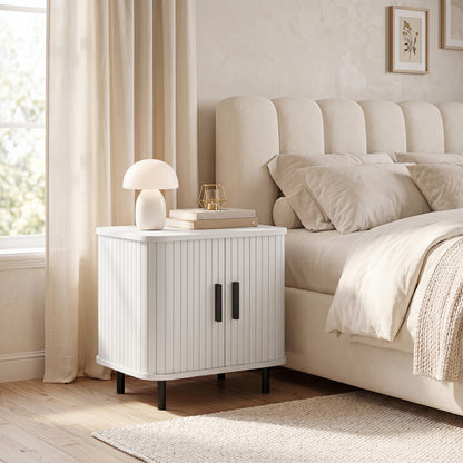 Nordic Bedside Table | Roller Shutter Sliding Doors | 2-Tier Storage | Steel Legs | Scratch-Resistant Melamine | 90kg Capacity | 48 x 40 x 48cm | White Wood Effect