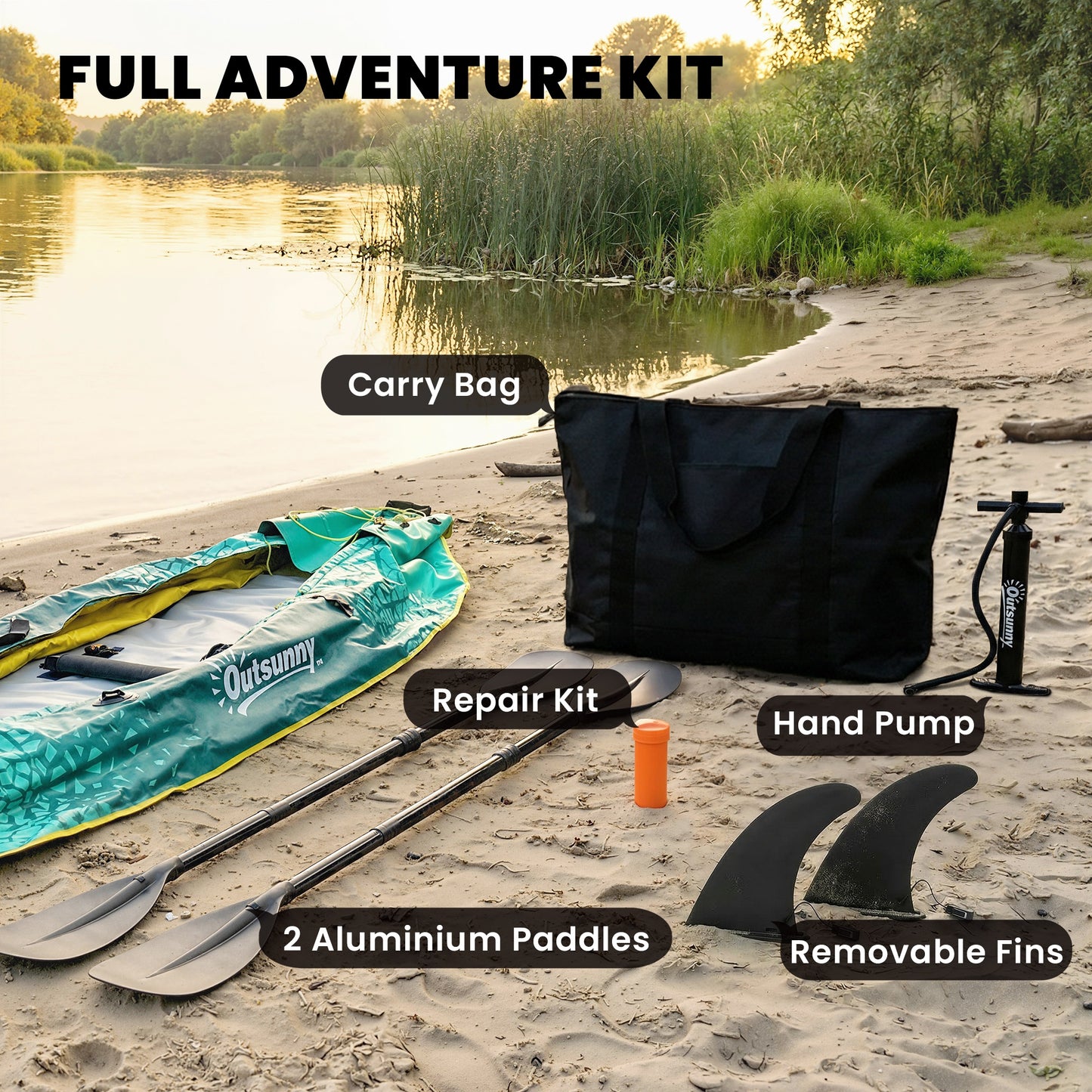 Inflatable Tandem Kayak Set | 2-Person | 381cm | Drop-Stitch Floor | Adjustable Seats | 230kg | Aluminium Oars | Blue & Yellow