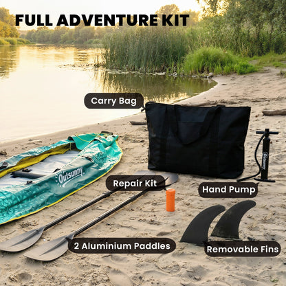 Inflatable Tandem Kayak Set | 2-Person | 381cm | Drop-Stitch Floor | Adjustable Seats | 230kg | Aluminium Oars | Blue & Yellow