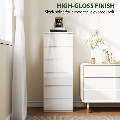 Slim 6-Drawer Chest | High-Gloss White Tallboy with Handle-Free Fronts & Wall Anti-Tip Kit | MDF Bedroom Storage | 40W × 35D × 109Hcm