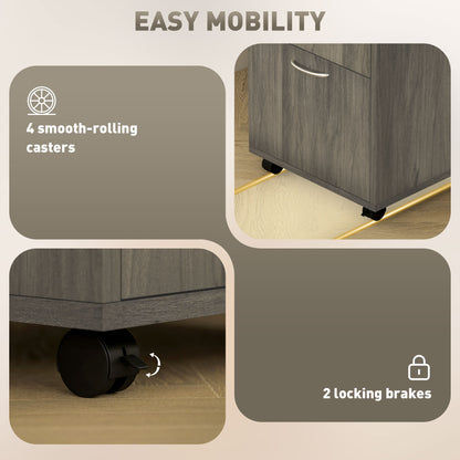 60cm Filing Cabinet with Drawer, Open Shelf, Metal Handles and 4 Wheels, Office Home Organiser Mobile Printer, Grey