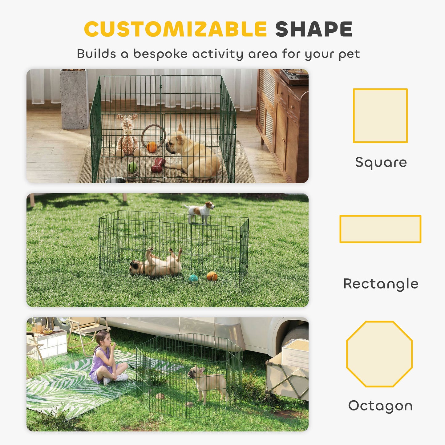 8-Panel Dog Playpen & Puppy Pen | Soft PE Coating | Configurable Shapes | 4 Outdoor Stakes | Foldable | Suits Dogs Under 15kg | 60cm Height | Green