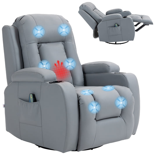Massage Recliner Chair with 8 Vibration & Heat, PU Leather Recliner Armchair W/ Cup Holders, Side Pockets, Manual Reclining Chair, Light Grey
