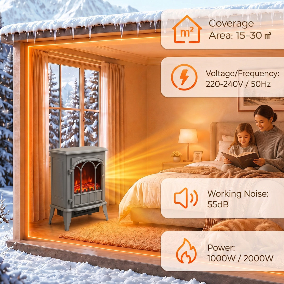 Freestanding Electric Fireplace Log Burner | 1000W/2000W Dual Heat | Stepless LED Flame Effect | Stepless Thermostat | Forced-Air Fan | Thermal Cut-Off | ERP Compliant | 39x23x56.5cm | Grey