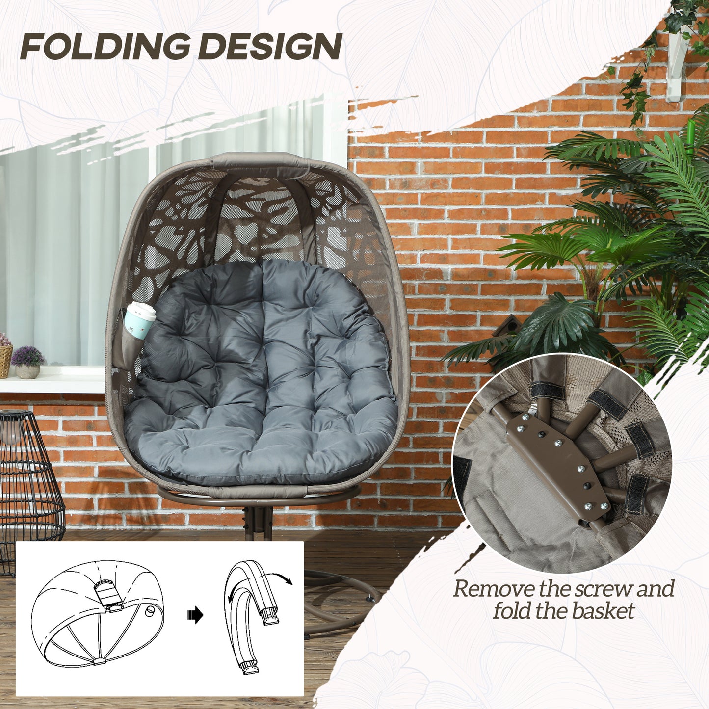 Swivel Egg Chair with Cushions, Foldable Basket Seat and Metal Frame, Indoor Outdoor Lounge Chair for Balcony, Patio and Living Room