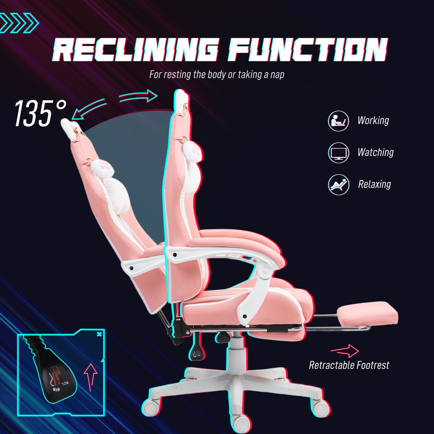 Cat Ear and Paw Reclining Office Chair, with Footrest - Pink/White