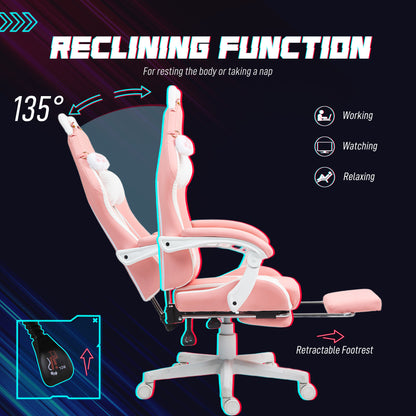 Cat Ear and Paw Reclining Office Chair, with Footrest - Pink/White