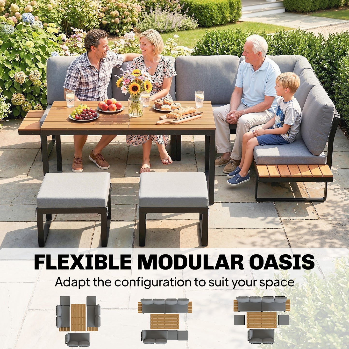 6-Piece Modular Garden Sofa Set | Dining Table | 8cm Cushions | Seats 6-8 | Grey