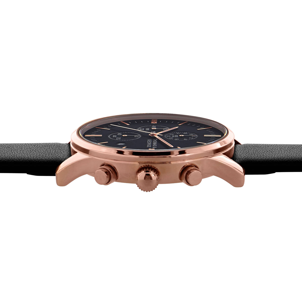 Thomas & George Kingman 43 Quartz Chronograph Watch | 43mm Round Rose-Gold-Tone Case | Black Dial & 20mm Leather Strap | Optional Luxury Box