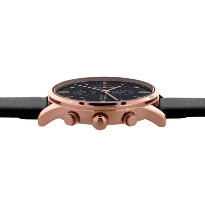 Thomas & George Kingman 43 Quartz Chronograph Watch | 43mm Round Rose-Gold-Tone Case | Black Dial & 20mm Leather Strap | Optional Luxury Box