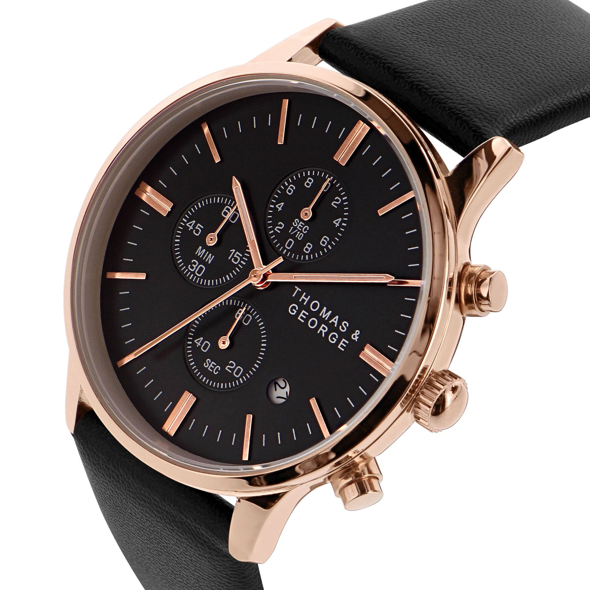 Thomas & George Kingman 43 Quartz Chronograph Watch | 43mm Round Rose-Gold-Tone Case | Black Dial & 20mm Leather Strap | Optional Luxury Box