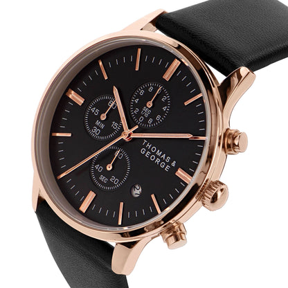 Thomas & George Kingman 43 Quartz Chronograph Watch | 43mm Round Rose-Gold-Tone Case | Black Dial & 20mm Leather Strap | Optional Luxury Box