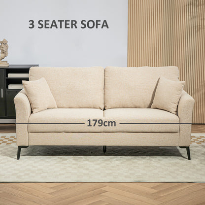 Modern 3 Seater Sofa, Linen Fabric Sofa Couch, Upholstered Sofa Settee with Cushions and Pillows for Living Room Guest Room Bedroom Office