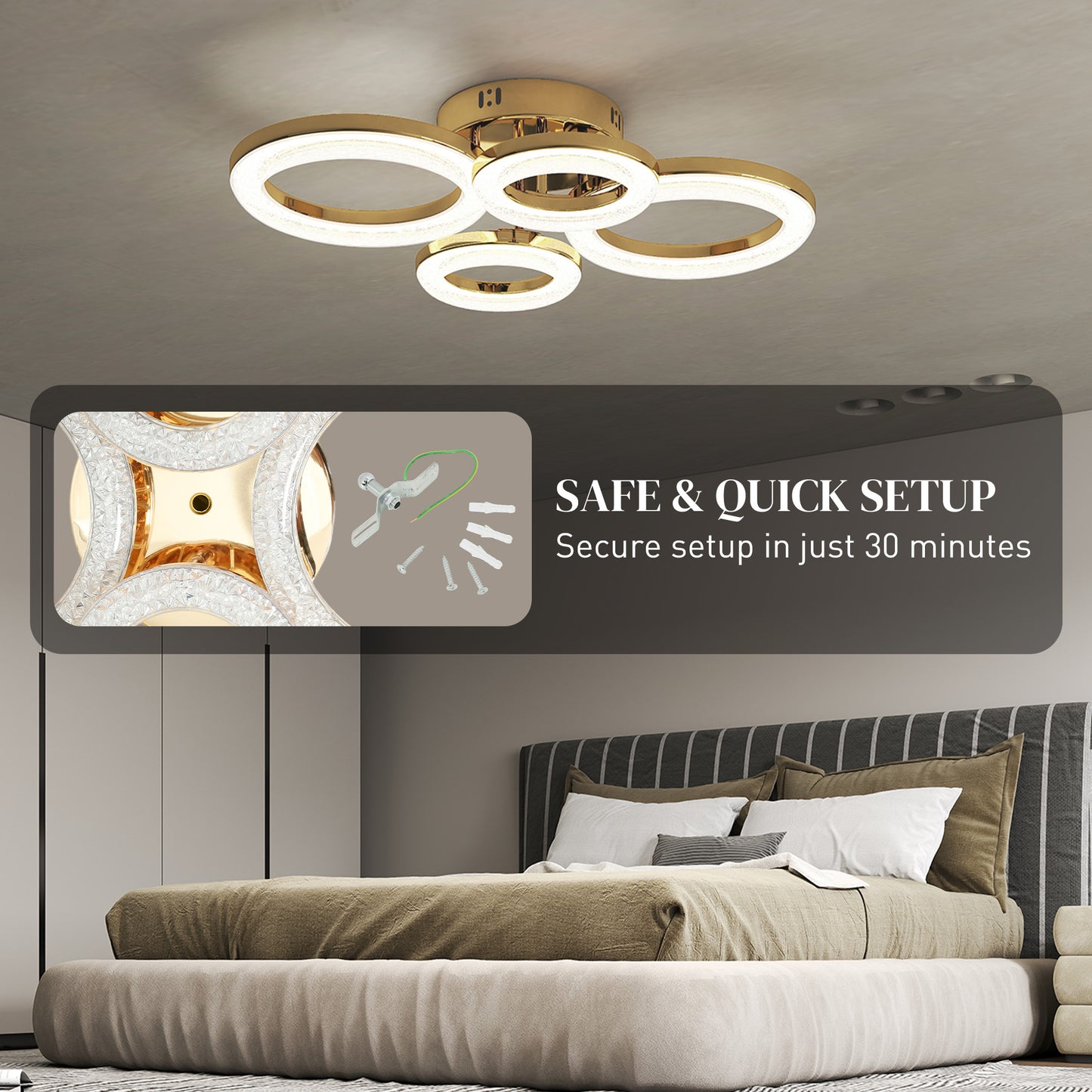 LED Ceiling Light, Modern 4 Rings Ceiling Lamp with Wall Switch Control, 40W 4350lm Flush Mount Ceiling Light with 3500K/4500K/6000K Colour Temperatures for Living Room, Bedroom, Gold Tone