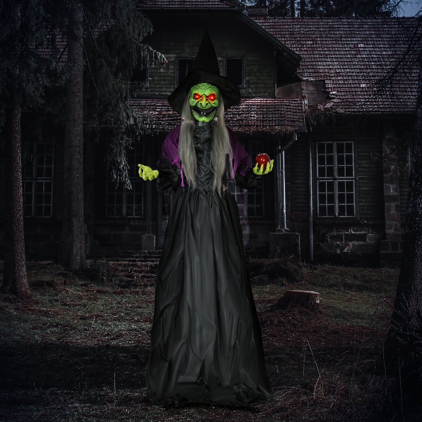 180 cm Life Size Halloween Animated Standing Witch, Spooky Witch with Glowing LED Eyes,  Battery Operated