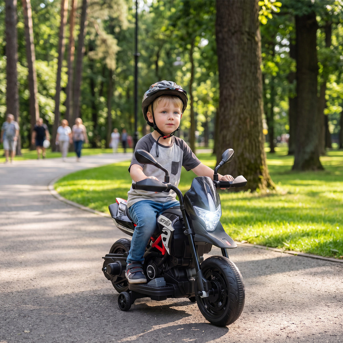 AIYAPLAY Licensed Aprilia 6V Kids Electric Motorbike | Removable Training Wheels | Headlight, Music & Horn | Forward & Reverse | Black | 18 Months–4 Years