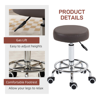 PU Leather Rolling Salon Stool | Height Adjustable 50-64cm | Dia 42cm | Thick Foam Seat | Footrest | 5 Wheels | Backless | 110kg | Grey
