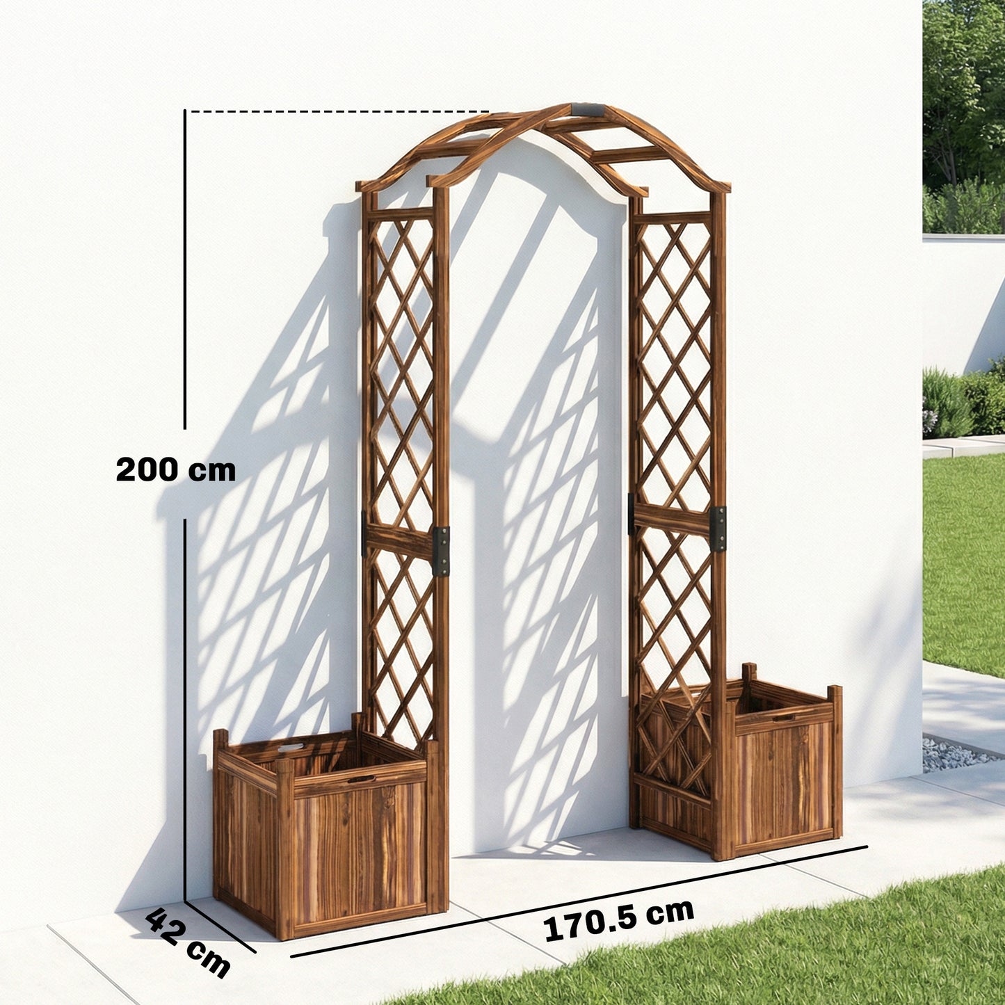 Wooden Garden Arch with 2 Planter Boxes | Trellis for Climbing Vines & Roses | Carbonised Fir Wood | Water Lacquer Finish | 25kg Capacity | 170.5x42x200cm | Carbonised