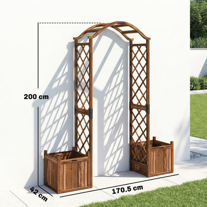 Wooden Garden Arch with 2 Planter Boxes | Trellis for Climbing Vines & Roses | Carbonised Fir Wood | Water Lacquer Finish | 25kg Capacity | 170.5x42x200cm | Carbonised