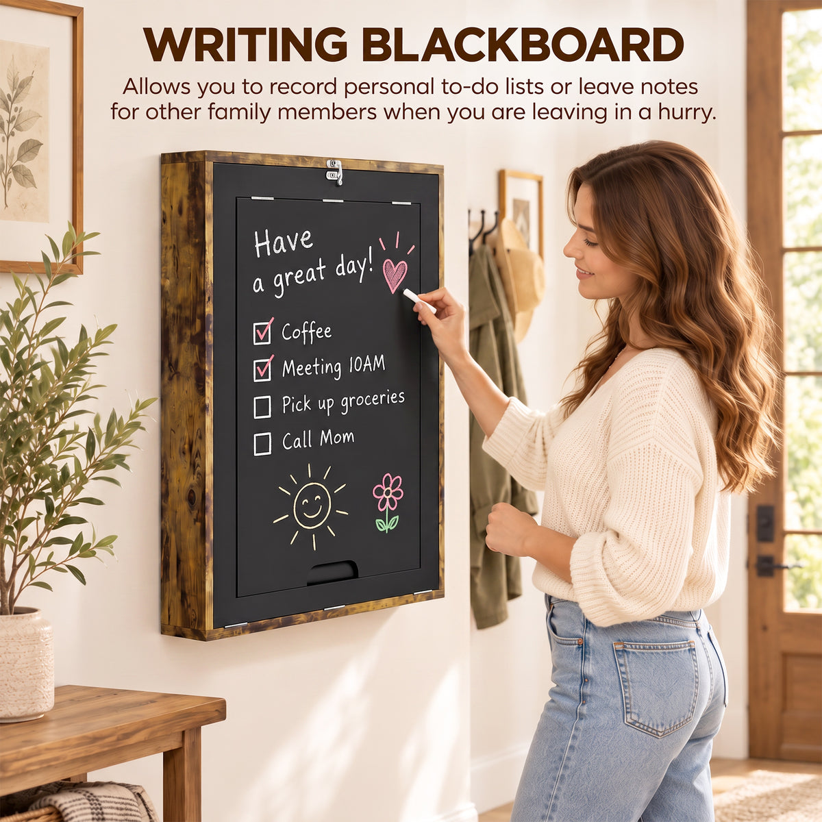 Wall-Mounted Folding Drop-Leaf Desk with Chalkboard & Storage Shelves | 78x56.5cm Tabletop | Folds to 16cm Deep | 20kg Tabletop Capacity | MDF | Rustic Brown & Black | 60x94.5x147cm Open