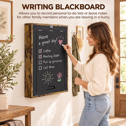 Wall-Mounted Folding Drop-Leaf Desk with Chalkboard & Storage Shelves | 78x56.5cm Tabletop | Folds to 16cm Deep | 20kg Tabletop Capacity | MDF | Rustic Brown & Black | 60x94.5x147cm Open