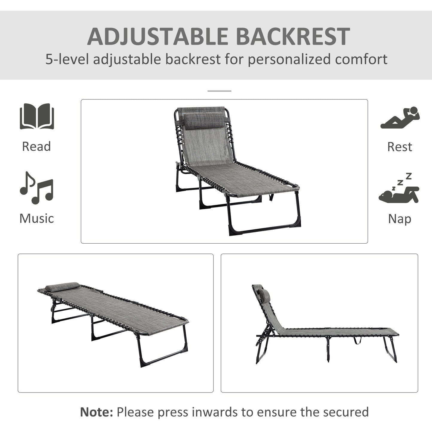 Portable Sun Lounger Set of 2, Folding Camping Bed Cot, Reclining Lounge Chair 5-position Adjustable Backrest with Side Pocket, Pillow - Mixed Grey