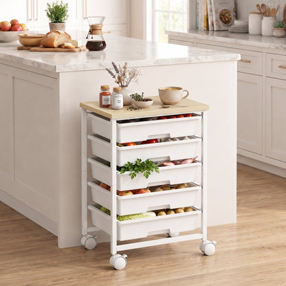 6-Tier Storage Trolley on Wheels | 5 Pull-Out Drawers | Rolling Kitchen Cart | White
