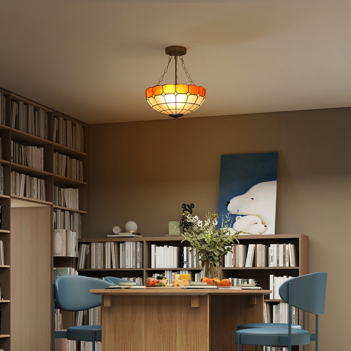 Tiffany Style Ceiling Light, Vintage Chandelier with 3 E27 Sockets, Semi Flush Mount for Living Room, Bulbs Not Included