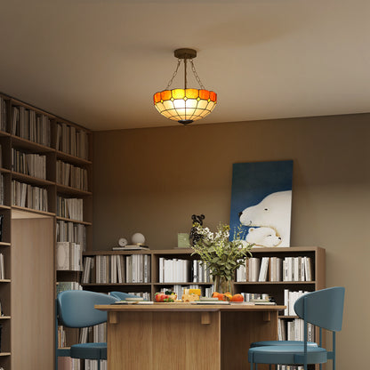 Tiffany Style Ceiling Light, Vintage Chandelier with 3 E27 Sockets, Semi Flush Mount for Living Room, Bulbs Not Included