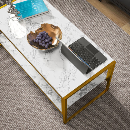 Two-Tier Coffee Table, Modern Marble Effect Center Table with Storage Shelf and Metal Frame, Tea Table for Living Room, White