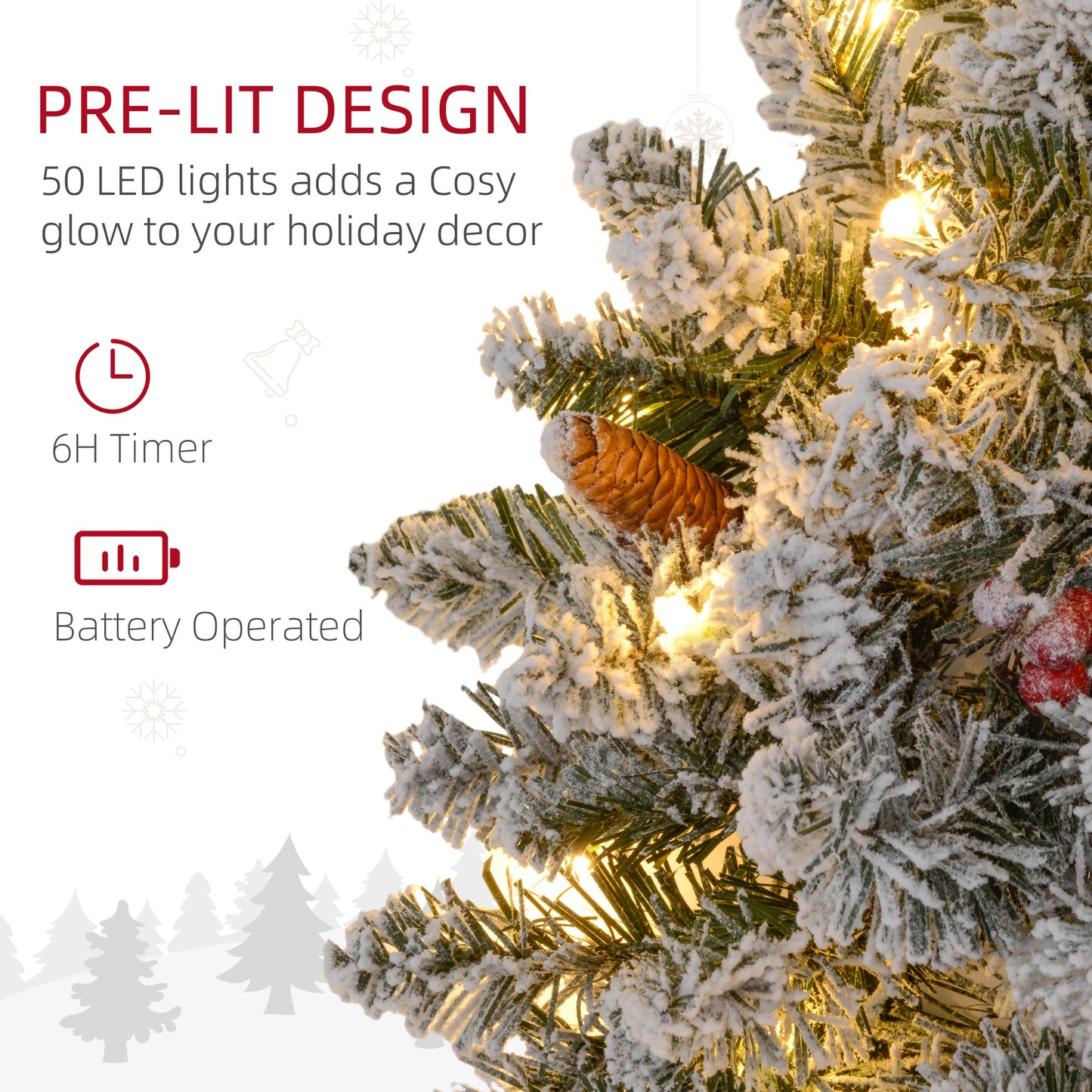 60cm Pre-Lit Christmas Wreath for Front Door with LED Lights, Pine Cones and Red Berries, Flocked Winter Wreath for Windows, Wall Decoration, Green