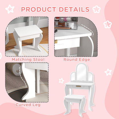 Kids Dressing Table Set, with Mirror and Drawer - White