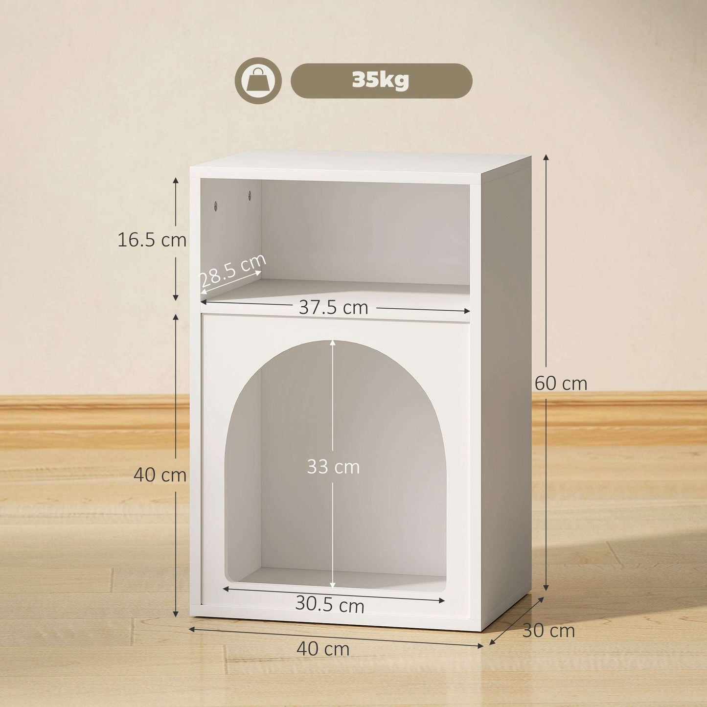 MDF Arch Bedside Table | 2 Open Compartments | Compact Design | Fits Narrow Spaces | 35kg Capacity | 40x30x60cm | White