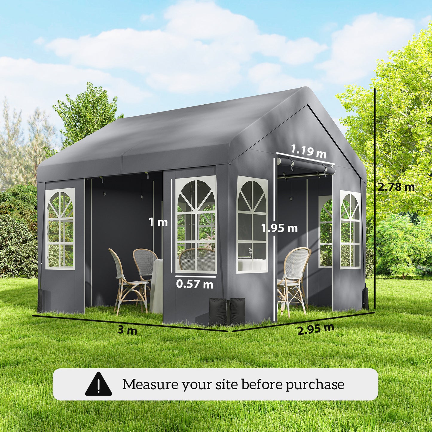 3x3m Party Marquee Tent | 4 Zipped Doors | 8 Church Windows | UV30+ PVC Polyester | Apex Roof | Galvanised Frame | 6-9 People | Grey