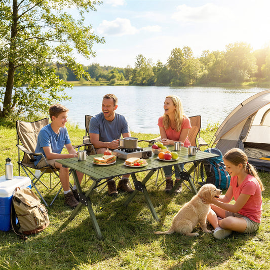 4ft Folding Camping Picnic Table | Roll Up Top | 116x59x43cm | Waterproof | All Metal Frame | 30kg | Green