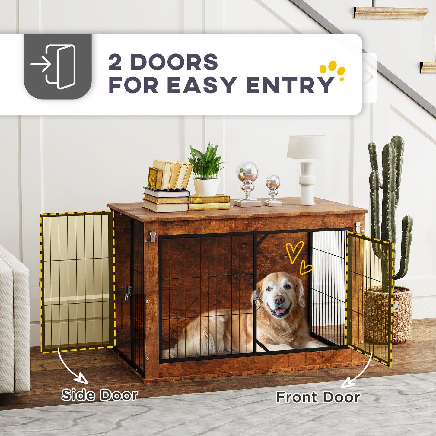 Dog Crate Furniture Side Table | Flip-Up Top | Double Doors | 3-Sided Ventilation | Large Dogs up to 30kg | 98 x 60 x 65.5cm | Rustic Brown