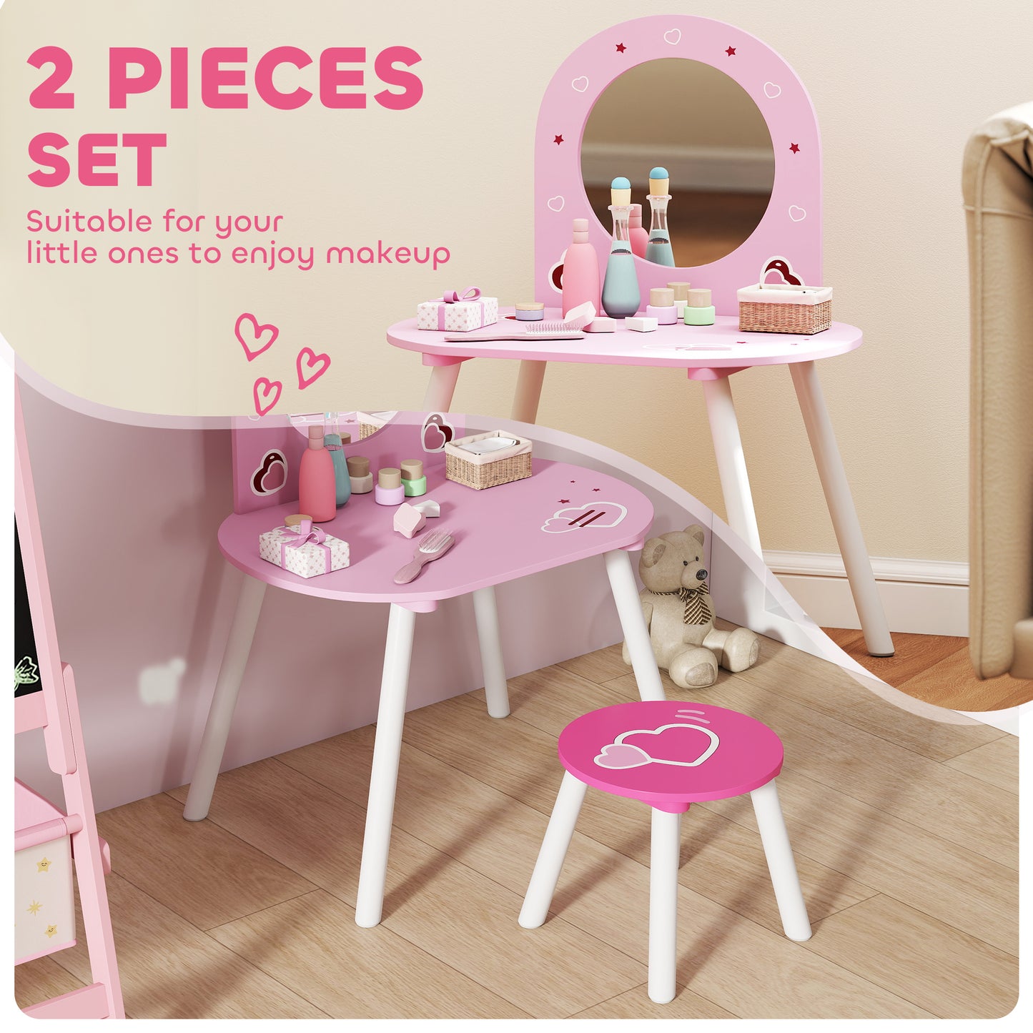AIYAPLAY Kids Dressing Table with Mirror and Stool, Girls Vanity Set for Kids Room, Bedroom, Nursery, for Ages 3–6 Years, Pink